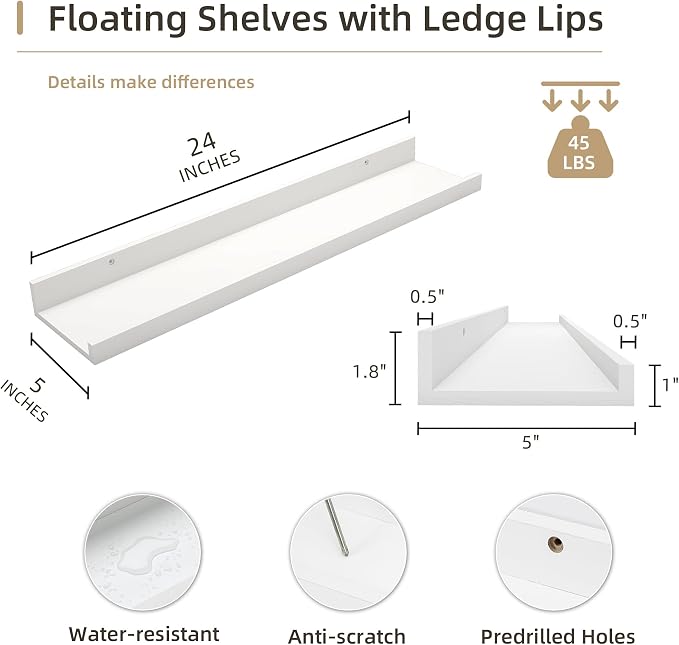 Acovy 24 inch Picture Ledge Shelf, Wood Floating Shelves Set of 4, White | Wall Mounted, For Living Room Kids' Room Bedroom, Photo Ledge Nursery Book Shelves