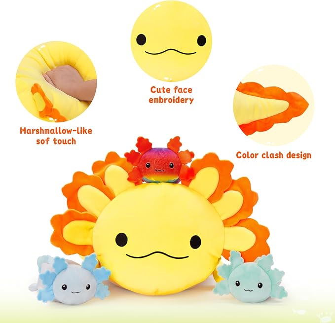 MaoGoLan 4Pcs Giant Axolotl Plush with 3 Babies Inside-23.5" Large Ultra Soft Axolotl Stuffed Animals Throw Pillow-Squishy Stuffed Axolotl Plush Collection Gift for Axolotl Lover,Kids,Teens,Yellow