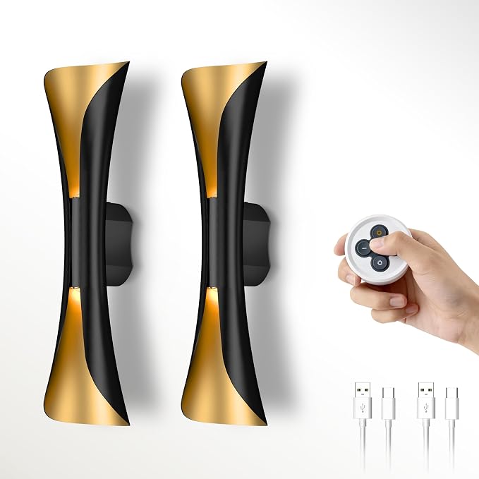 Tubicen Battery Wall Sconce Set of Two with Remote Art Deco Cordless Sconce | 3-Color Dimmable Movie Theater Lights 9000mAh Rechargeable Up Down Accent Wall Light for Living Room Bedroom Black and Gold