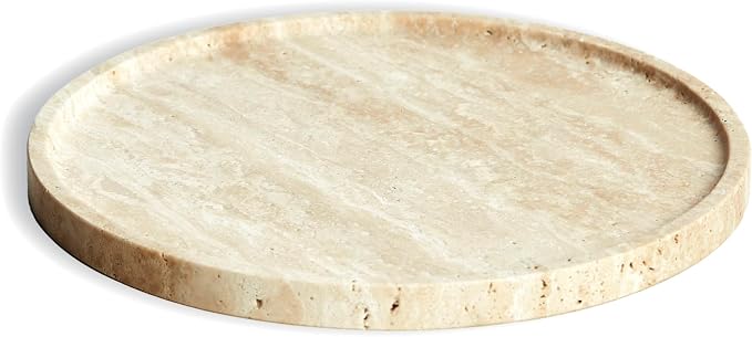 Travertine Marble Vanity Tray, Round Ottoman Tray Minimalist Modern Decorative for Bathroom, Kitchen, Nightstand, Jewelry Ring Dish Holder, Table Accents Decor (Beige Travertine)