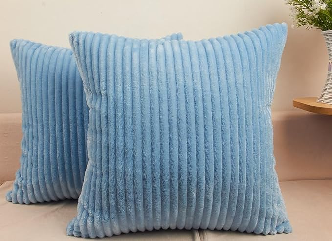 TangDepot Velvet Big Corduroy Pillow Covers 26x26 Light Blue 2-Pack | Soft wide-stripe corduroy pillow cover, hidden zipper, machine washable, easy refresh, for bedroom living room indoor outdoor
