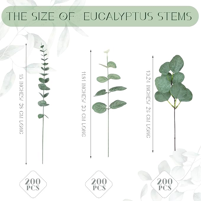 Giegxin 600 Pcs 3 Kinds Mixed Artificial Eucalyptus Leaves Stems Bulk Silver Dollar Leaves Picks Dried Eucalyptus Bundle Faux Spray for Wedding Vase Bouquet Floral Arrangement (Green)