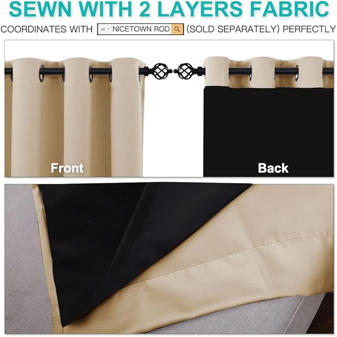 NICETOWN Bedroom Full Blackout Curtain Panels, Super Thick Insulated Window Covers, Complete Blackout Draperies with Black Liner for Short Window(Biscotti Beige, Set of 2 PCs, 52 by 45-inch)