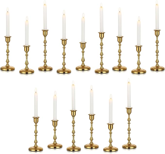 Gold Candlestick Holders Vintage: Brass Taper Candle Holders Bulk | for 0.87" Taper, Bottom with Felt Pad, 15 Pcs Antique Decor for Dinning Table, Mantel, Wedding Centerpieces, Christmas, Party