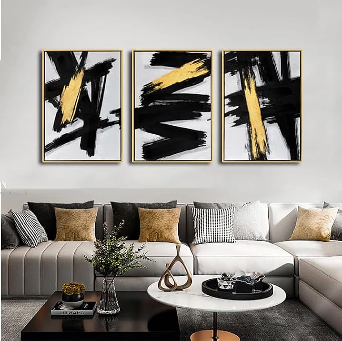 Sofoney - Gold Framed Black and Gold Abstract Wall Art 3D Textured Black and White Canvas Wall Decor with Gold Foil for Living Room Bedroom Office, Large 3 Piece Modern Home Decor, 20"x30"x3 Panels