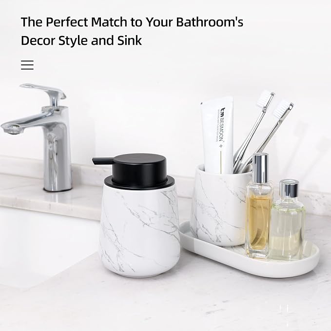 BosilunLife Ceramic Bathroom Accessories Set 3 Pcs, Liquid Soap Dispenser and Toothbrush Holder with Tray, Modern Farmhouse Vanity Decor, Narble Pattern Housewarming Gift (Marble-Liquid)