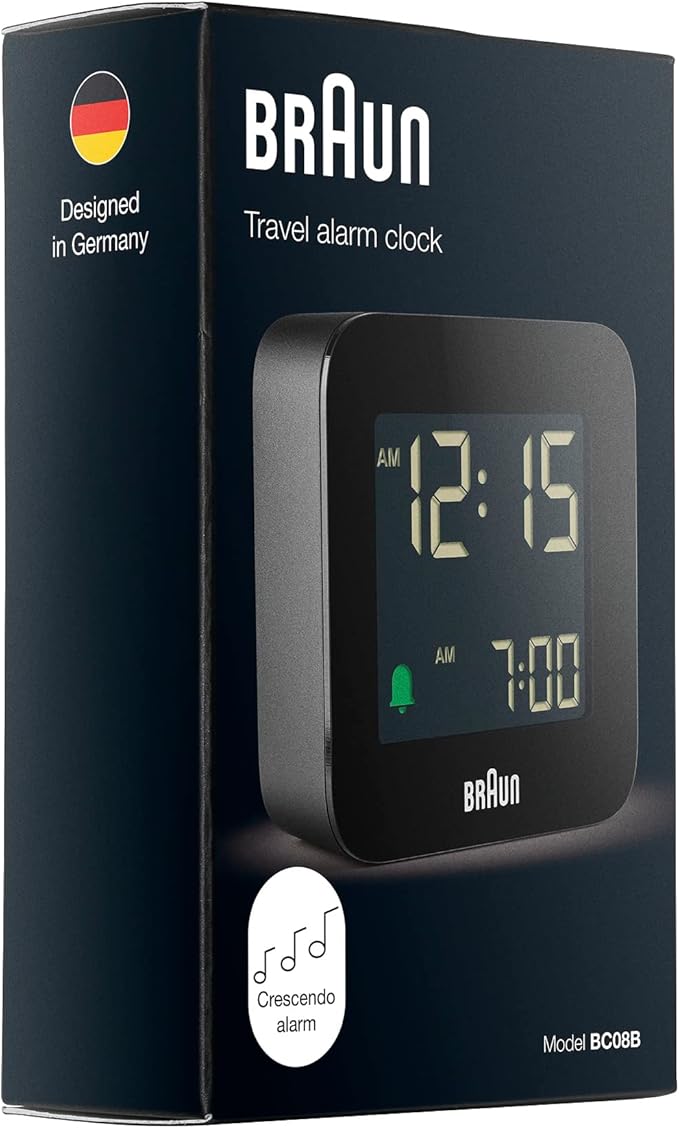Braun Digital Travel Alarm Clock with Snooze, Compact Size, Negative LCD Display, Quick Set, Crescendo Beep Alarm in Black, Model BC08B (1-Pack)