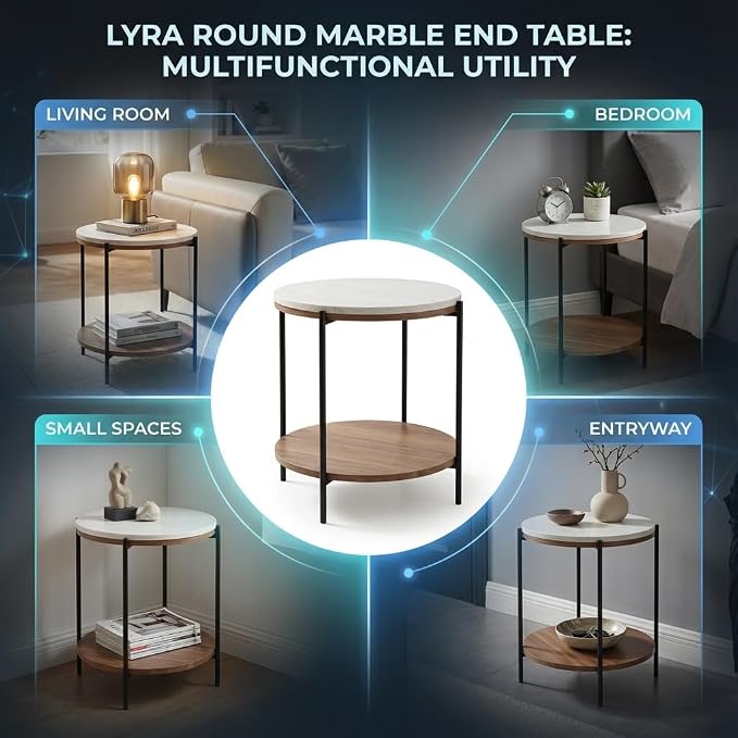 Lyra Round Marble End Table – Solid Acacia Wood Shelf, Open Storage Side Table for Living Room, Bedroom, Entryway, Small Spaces – Nightstand, Plant Stand, Modern Accent Table with Metal Frame