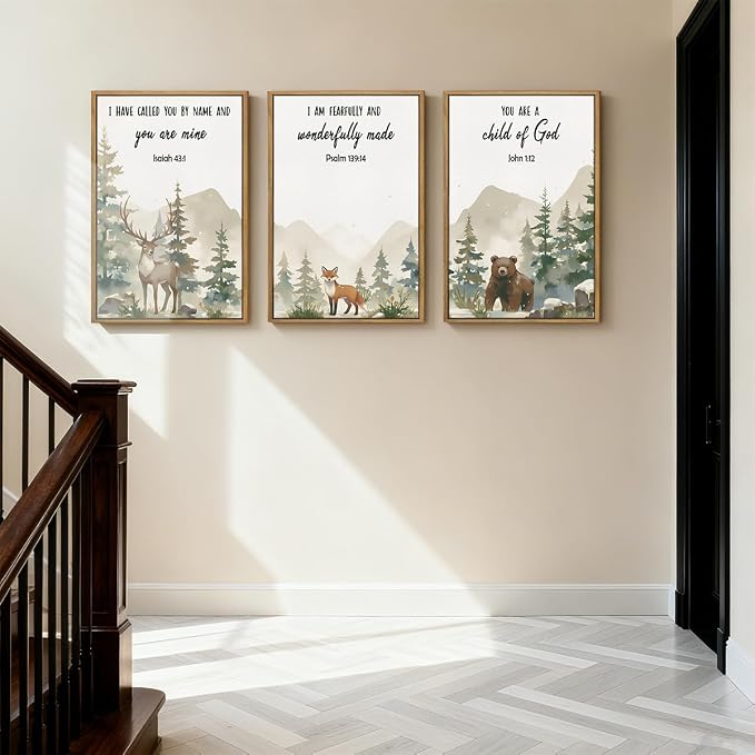 HPNIUB Woodland Animal Christian Framed Wall Art Set,Bible Verse Quote Wall Decor,Nature Forest Religious Art Print,Misty Forest Deer Bear Fox Artwork for Nursery,Kids Bedroom,Study Room-24"x36"x3