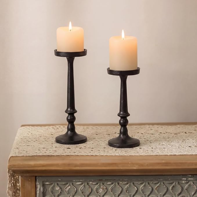 Set of 2 Black Antique Brass Candlestick Holder Vintage Cast Iron Tall Candle Stand for 3 Inch Pillars Metal Candle Stand for Party Table Decor