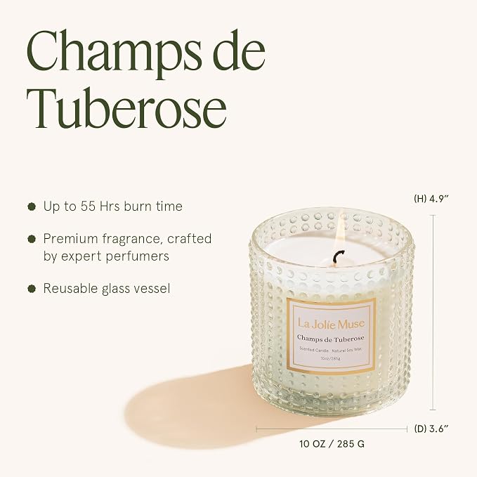 LA JOLIE MUSE Tuberose Floral Scented Candles for Home, Natural Soy, 55 Hrs | Large Jar Luxury Candles, Clean Non Toxic, Gifts for Women & Mom, Decorative Candles, Spring Summer Candle,Ylang Ylang Candle