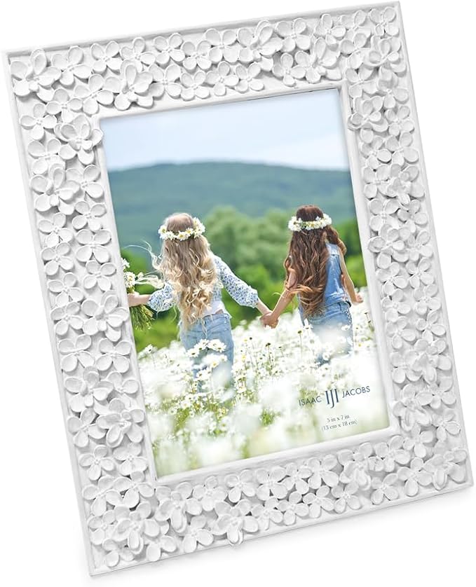 Isaac Jacobs 5x7 White Flower Textured Hand-Crafted Resin Picture Frame w/Easel & Hook for Tabletop & Wall Display, Decorative Floral Design Home Décor, Photo Gallery, Art (5x7, White)
