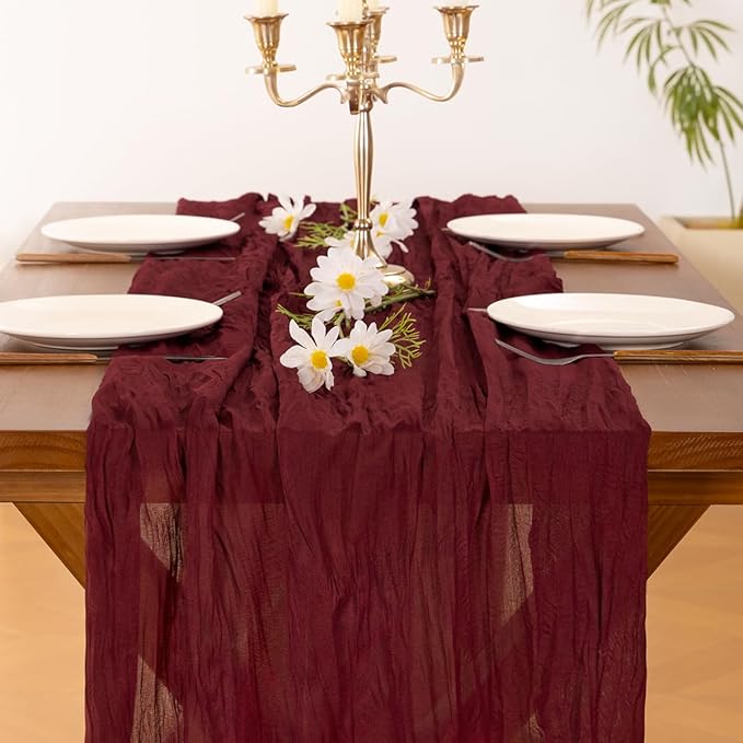 Socomi 10pcs Burgundy Red Easter Spring Cheesecloth Table Runner Boho Rustic Gauze 120 inch 10FT Cheese Cloth Runner for Wedding Party Baby Shower Birthday Home Decor Holiday Decorations