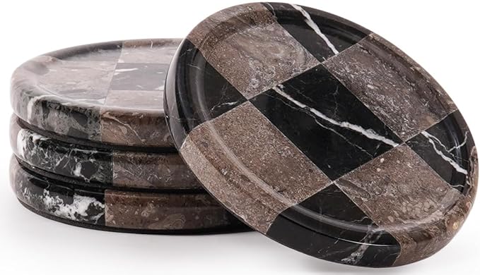 Marble Coasters Set of 4, Zebra Black & Oceanic Handmade 4 inch Round Stone Coaster, Drink Checkered Coaster Plates for Coffee Table, Stylish Bar Accessories & Modern Home Décor