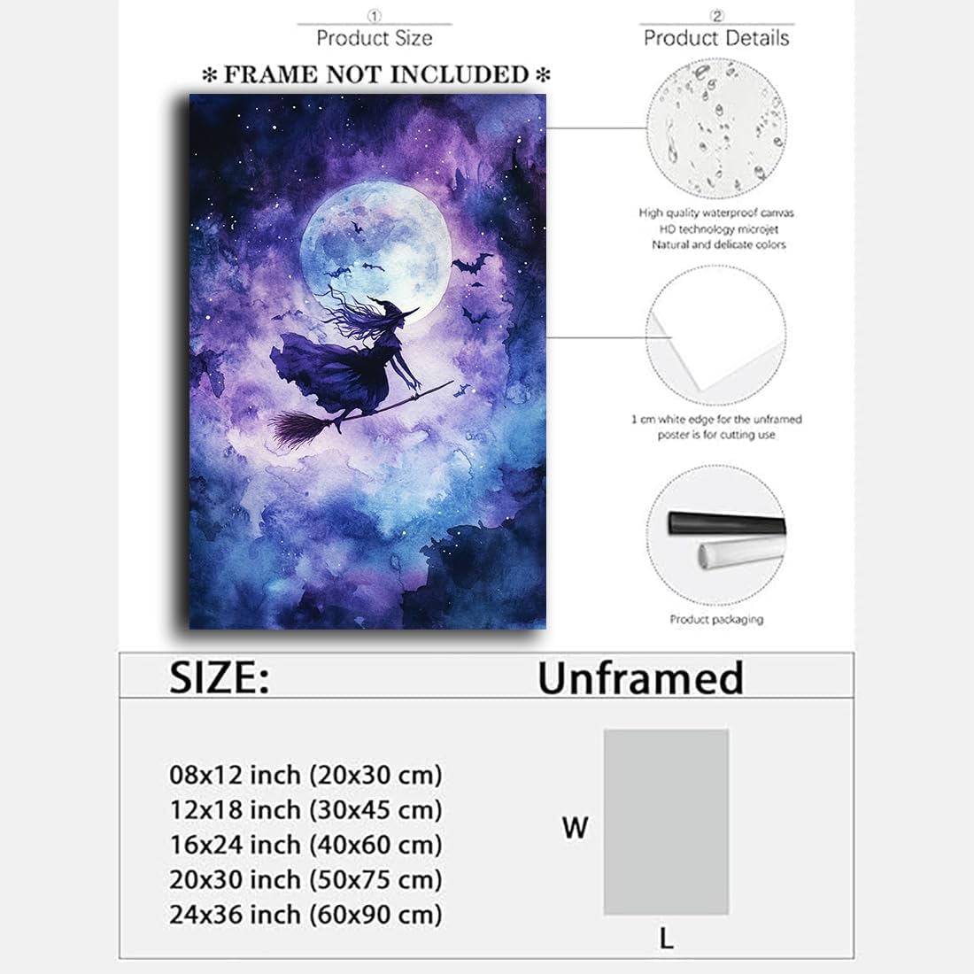 Witch On Broom Flying Wall Art,Gothic Halloween Canvas Wall Art,Victorian Witch Silhouette In Moonlight Broomstick Poster Pictures,Creepy Halloween Purple Night Sky Print,16"x24" Unframed