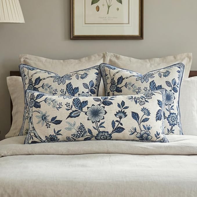 bilin gaier Designer Linen Throw Pillow Covers,28"x12" Set of 2-Suqing A | Vintage Elegant Rectangular Pillow Cover,Concealed Zipper,Blue Floral Pattern,Sofas,Bedroom,Living Room,Lounge Chairs
