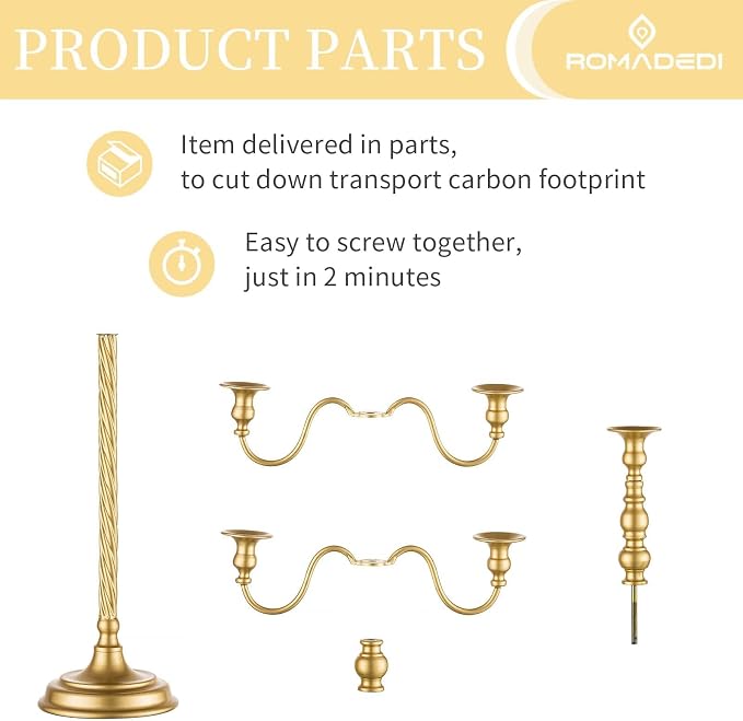 Romadedi Gold 5-Arm Candelabra for Taper Candles, 28 in, Pack of 2 | Metal Candlestick Holders with Curved Branches for Wedding Centerpiece, Reception, Dining Table, and Christmas Decor.