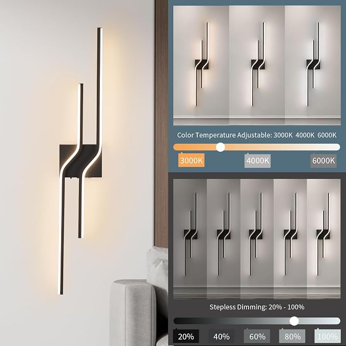 Modern Battery Operated Wall Sconces,12000mah Wireless Wall Sconces with Remote,31.5 Inch Rechargeable Black Wall Lights for wall Decor,Dimmable LED Wall Lamps for Living Room,Bedroom,Hallway