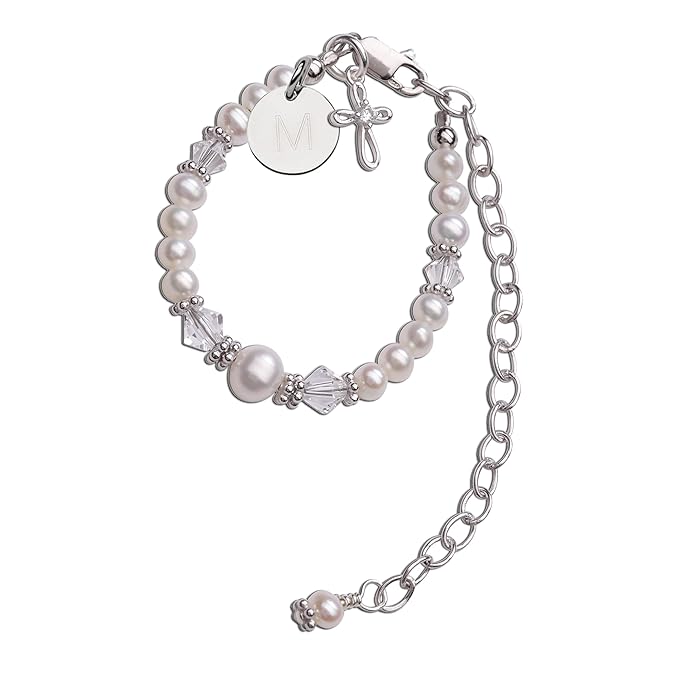 Cherished Moments Babe to Bride Keepsake Cross Bracelet Dedication Gift for Infant Newborn Baby Girl in 925 Sterling Silver with Initial Charm and Cultured Pearls