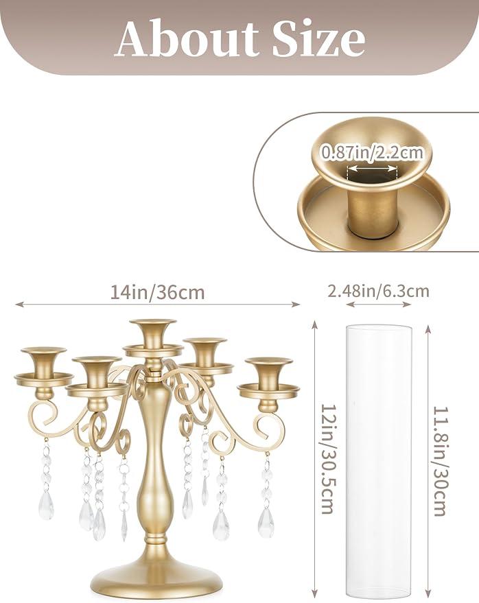 Sziqiqi Gold Candelabra Candle Holder: 5 Arm Vintage Candelabras Wedding Centerpieces for Table - Candlestick Candle Holders with Hurricane Glass for Table Centerpiece Christmas Party Event