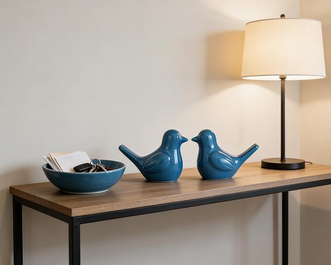 Small Blue Bird Statue Ceramic 2-Piece Set, 3¾ inch Cute Knick Knack for Home Office Shelf Desk Decor