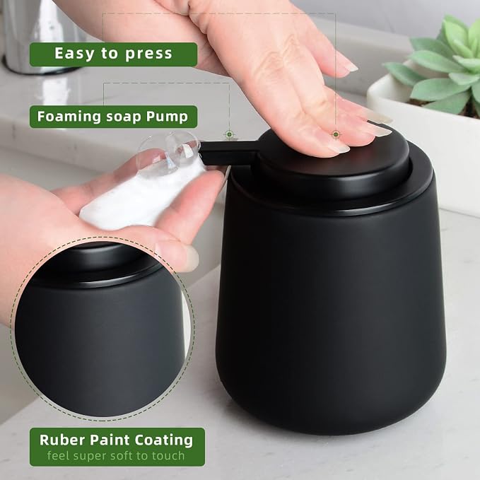 BosilunLife Ceramic Bathroom Accessories Set 3 Pcs, Foaming Soap Dispenser and Toothbrush Holder with Tray, Modern Farmhouse Vanity Decor, Black Housewarming Gift