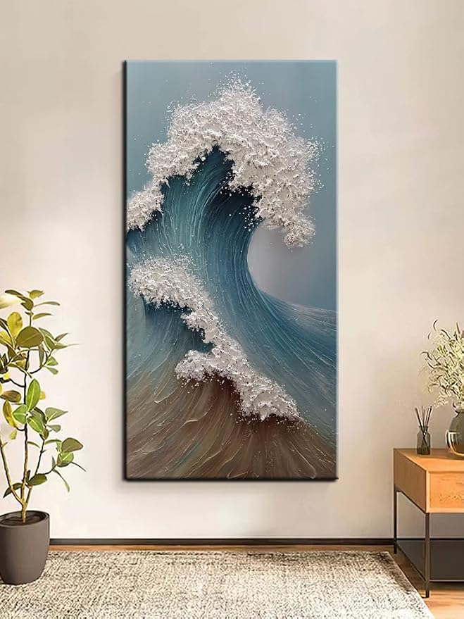 YaSheng Art : Large Abstract Wall Art, 3D Ocean Wave Canvas Wall Art, Hand-Painted Textured Seascape, Wall Art for Living Room Framed Ready to hang 24 x 48 inches
