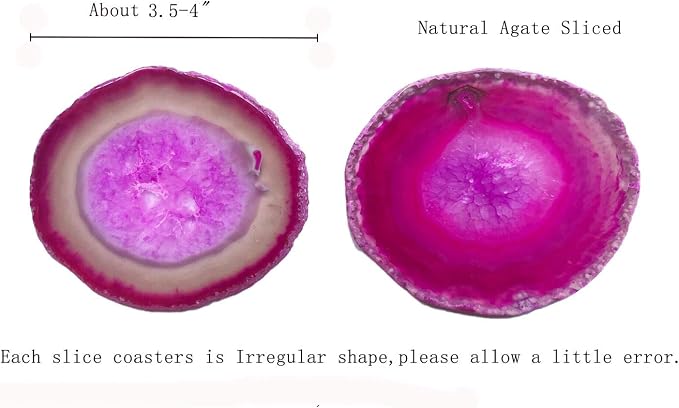 JIC Gem Dyed Pink 3.5-4" Agate Coaster Sliced Natural Agate Coaster for Coffee Cup Home Decor with Rubber Bumper Set of 4