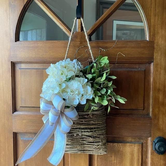 2026 Cream Hydrangea Door Hanger Basket Wreath, Spring Summer Wreaths for Front Door Wildflowers Front Door Basket Wreath Artificial Flower Hanging Basket for Home Farmhouse Seasonal Decor (A)