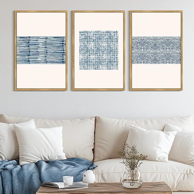 PHOPAGO Blue Abstract Framed Wall Art Large 24x36in Modern Boho Neutral Line Wall Decor Bohemain Minimalist Geometric Artwork Home Decor - Natural Framed