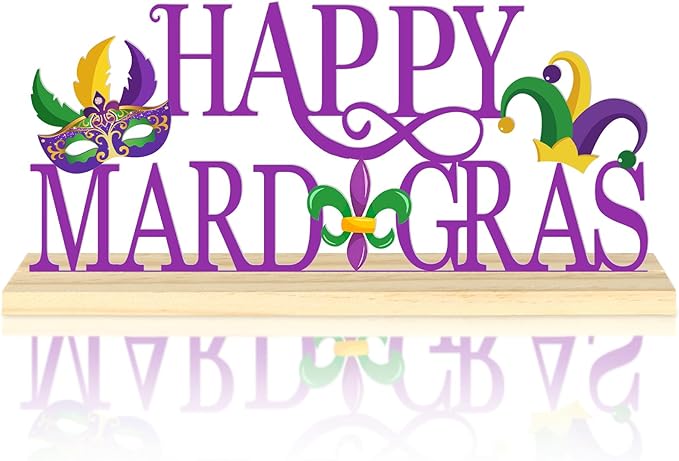 Happy Mardi Gras Metal Table Sign, Mardi Gras Table Decoration Centerpiece, Metal Letter Sign with Wooden Base, Holiday Tabletop Decor for Home, Office, Mantel, Party Supplies