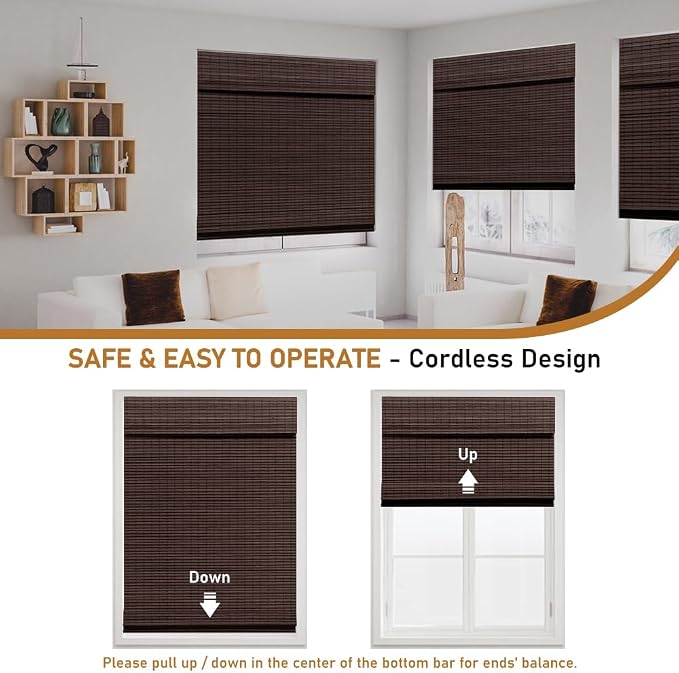 SEEYE Cordless Bamboo Roman Shades, Blackout Natural Bamboo Blinds for Indoor Windows, Roll Up Blind Privacy Shade for Home, Office, Door, UV Resistant & Easy to Install, 32" W x 64" H, Brown