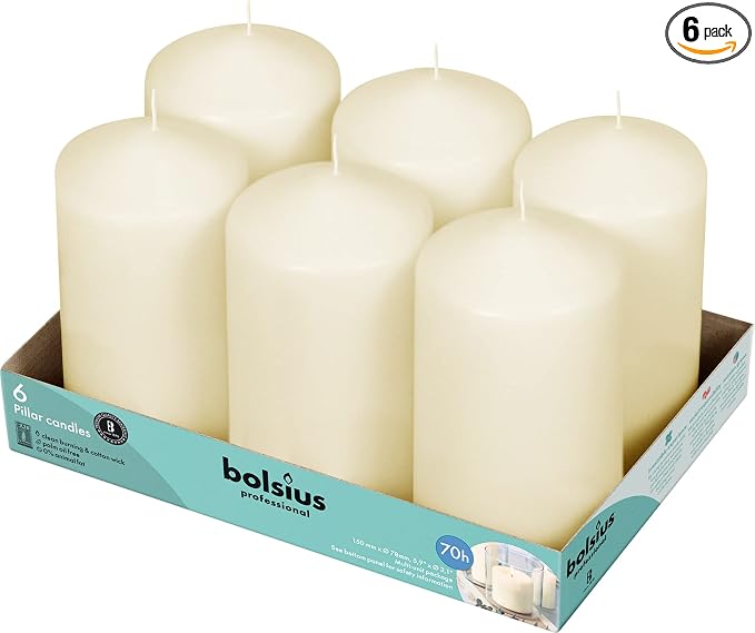 BOLSIUS Set of 6 Ivory Pillar Candles - 3x6 inch Unscented Candle Set - Dripless Clean Burning Smokeless Dinner Candle - Perfect for Wedding Candles, Parties and Special Occasions