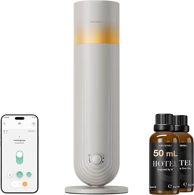 Airversa U1 Smart Tower Waterless Diffuser Starter Kit, Beige Gray | 2x50mL Hotel Scent Fragrance Oil, Up to 1200 sq ft, App Control, Cold Air, 120mL, DC-12V/1A, Scent Air Machine, U1kit-2X50