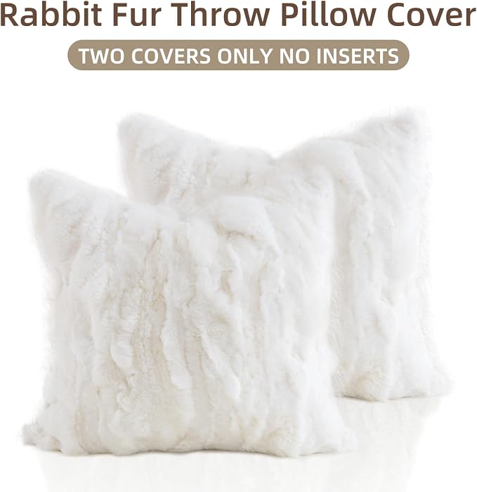 Genuine Rabbit Fur Throw Pillow Covers Set of 2,Luxury Decorative Pillowcases Soft Fluffy Animal Skin Accents Square Cushion Cover for Couch Sofa Bedroom Living Room Home,18x18 inch,White
