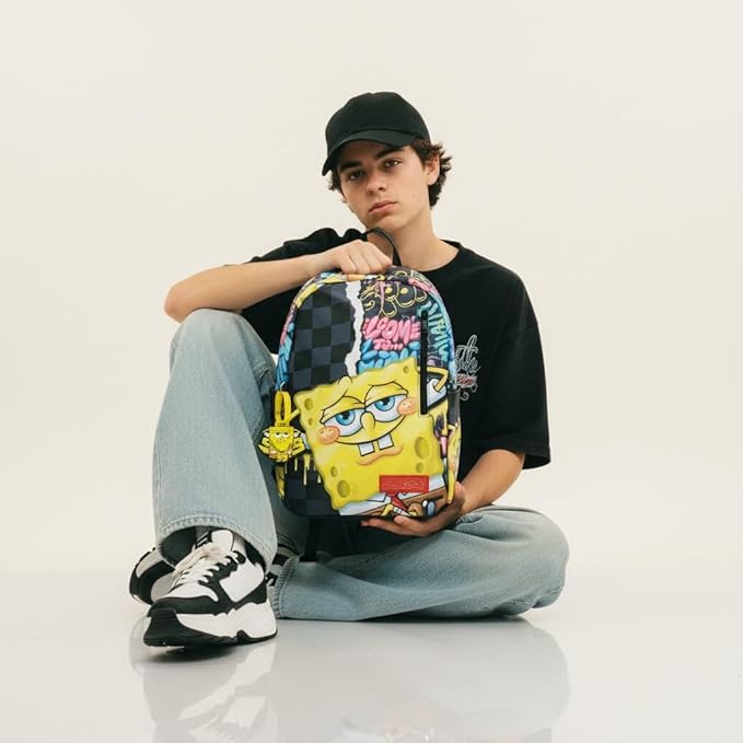 Fast Forward SpongeBob SquarePants Backpack for Teens | 16" Saffiano Leather School Bookbag with Rubber Luggage Tag | SpongeBob Bag for Boys, Girls, Unisex | Officially Licensed Nickelodeon