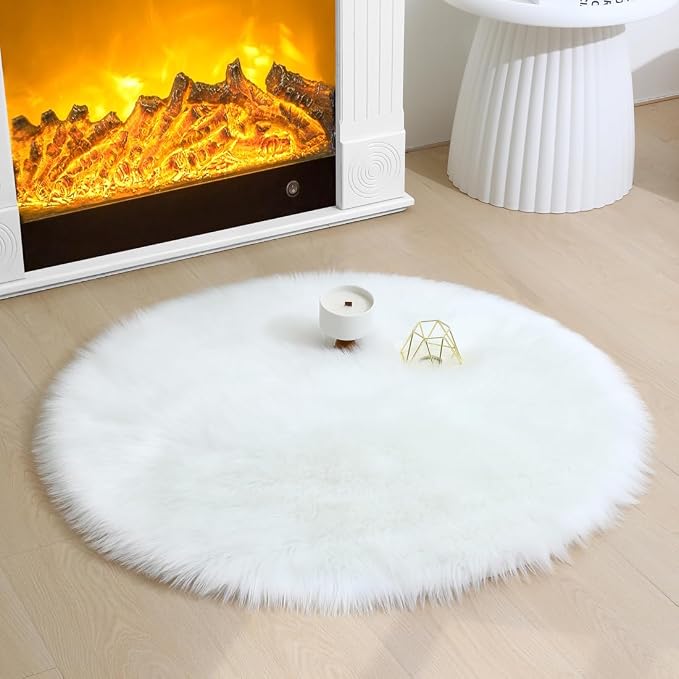Faux Fur Rug Fluffy Sheepskin Area Rug,Ultra Soft Shaggy Plush Rug Bedroom Living Room Sofa Floor Kids Room Bedside（3 x 3 ft Round White）
