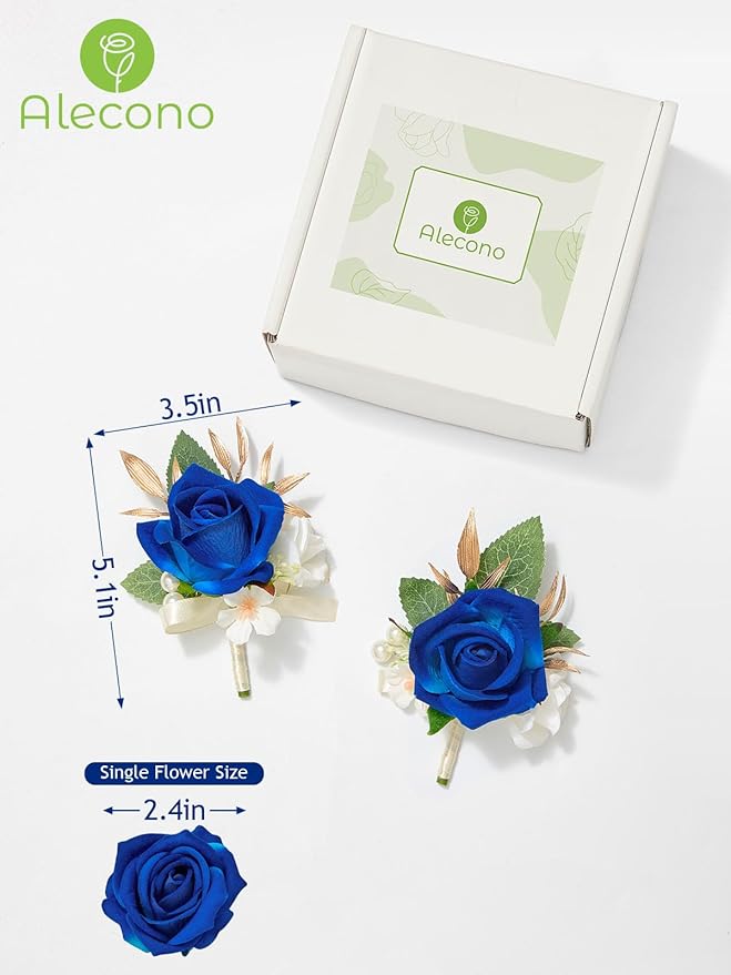 Alecono Boutonniere for Men, Set of 2 Navy Blue Corsages for Men Groom Bridegroom, Artificial Flowers for Prom Graduation Ceremony Anniversary