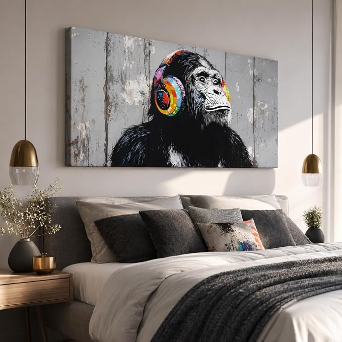 Wall Art Graffiti Gorilla Abstract Canvas Painting Textured Picture, Modern Landscape Artwork Framed for Living Room Bedroom Bathroom Office Home Decor 58x28in