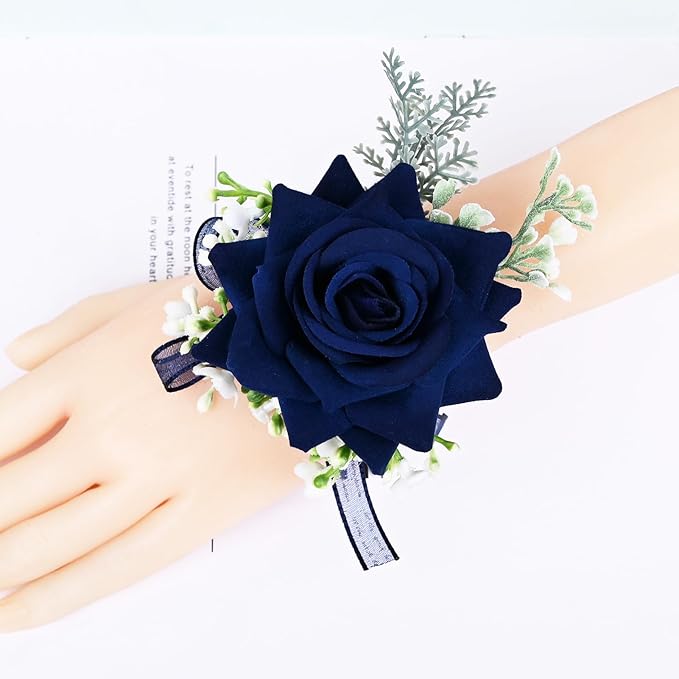 MAFELOE 2 Pieces Homecoming Party Prom Artificial Wrist Corsage and Boutonniere Set, Groom Groomsmen Bride Bridesmaids Wedding Simulation Flowers Accessories - Navy Blue