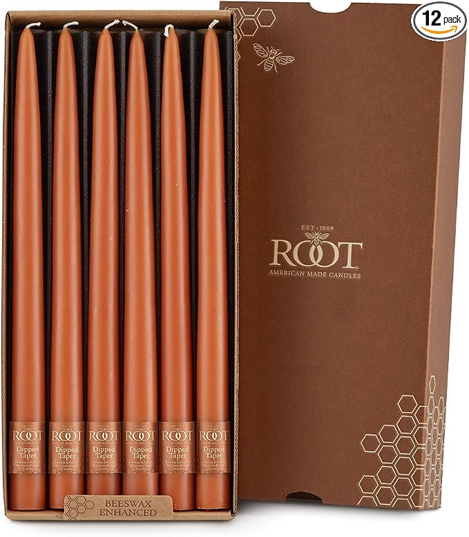 Root Candles 12-Count Unscented Taper Candles Smooth Hand-Dipped Dripless Beeswax Enhanced Boxed Candle Set, 12-Inch, Rust