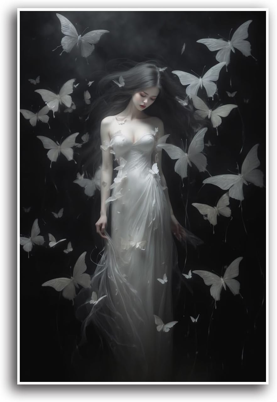 JFHCQJPK Vintage Gothic Feminine Canvas Wall Art Print Butterfly Poster Moody Female Wall Art Retro Artwork Dark College Decor for Home Bedroom32x48in Frameless