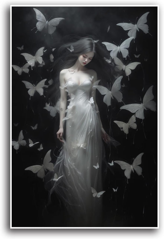 JFHCQJPK Vintage Gothic Feminine Canvas Wall Art Print Butterfly Poster Moody Female Wall Art Retro Artwork Dark College Decor for Home Bedroom32x48in Frameless
