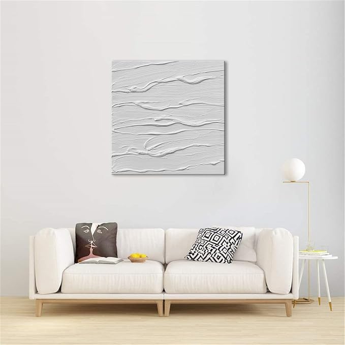 zoinart White Textured Canvas Wall Art, Hand Painted 3D Oil Painting on Canvas, 20 x 20 Inches Abstract Texture Artwork White Wall Decor