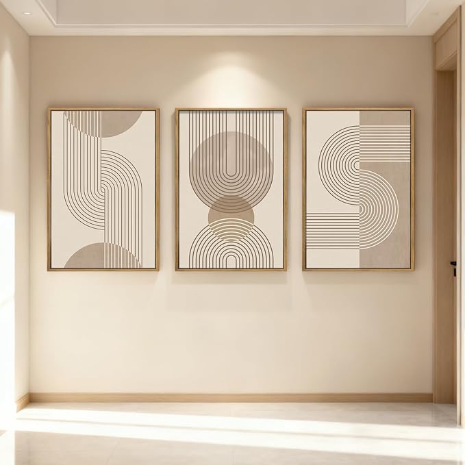 Anyzal Large Neutral Boho Beige Framed Wall Art 16x24 Inch Abstract Modern Canvas Wall Decor Minimalist Geometric Artwork for Living Room Bedroom Dining room Set of 3