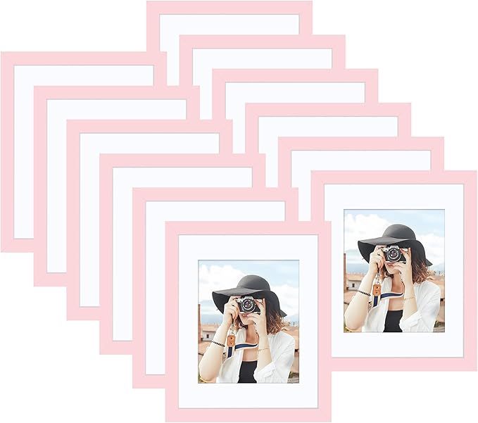 Picrit 8x10 Picture Frame Set of 12, Display 5x7 with Mat or 8x10 without Mat, Photo Frames for Wall Mounting or Table Top Display, Pink