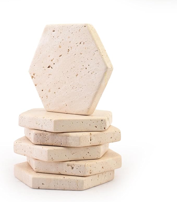 Perilla Home Handcrafted 3-4" Travertine Coaster - Set of 6 Hexagon Coaster for Home, Kitchen or Office,Natural Absorbent Coasters for Hot & Cold Beverages Perfect Table Accessories for Modern Living