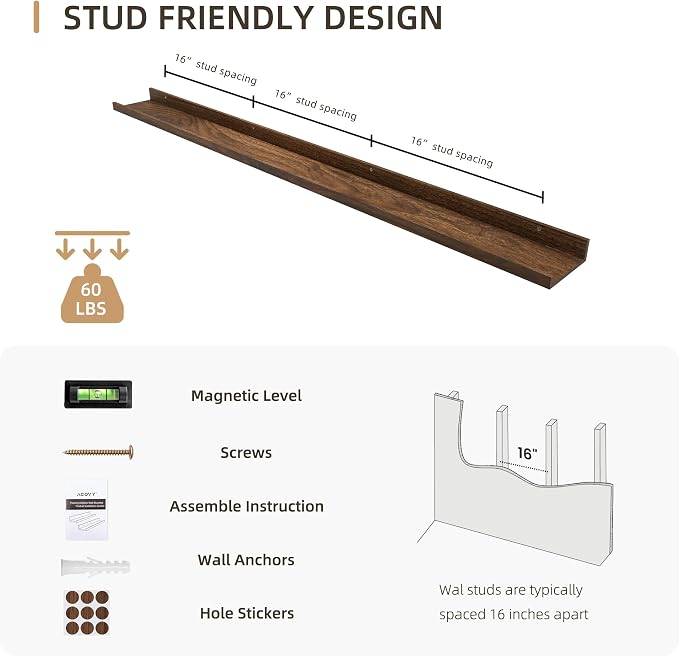 Acovy Picture Ledge Shelf, Wood, 56 inch, Walnut, Set of 2 | Long Floating Shelves, Wall Mounted, For Living Room Kids' Room Bedroom, Photo Ledge Nursery Book Shelves