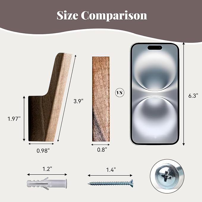 4-Pack Solid Walnut Wall Hooks, Coat & Entryway Hooks for Bathroom/Kitchen, Wall-Mounted with Screws, Anchors & Template, Holds Coats, Backpacks, Towels, Aprons (22 lb Each)