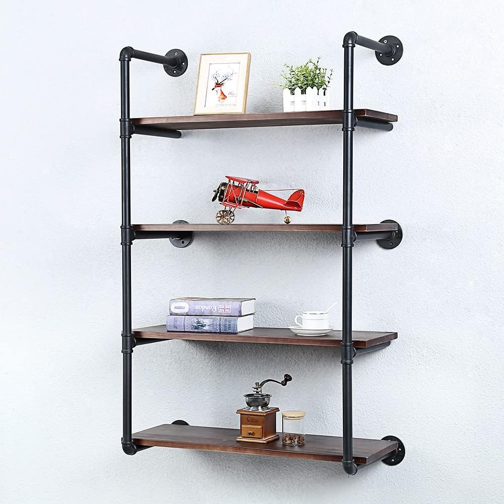 Industrial Pipe Shelving Wall Mounted,30in Rustic Metal Floating Shelves,Steampunk Real Wood Book Shelves,Wall Shelf Unit Bookshelf Hanging Wall Shelves,Farmhouse Kitchen Bar Shelving(4 Tier)